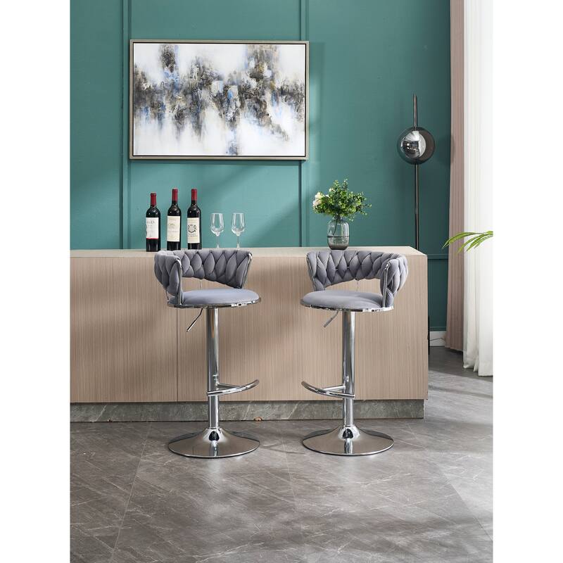 Velvet Bar Stools Set of 2, Kitchen Island Stools with Adjustable Height, Swivel Bar Stool with Chrome Footrest