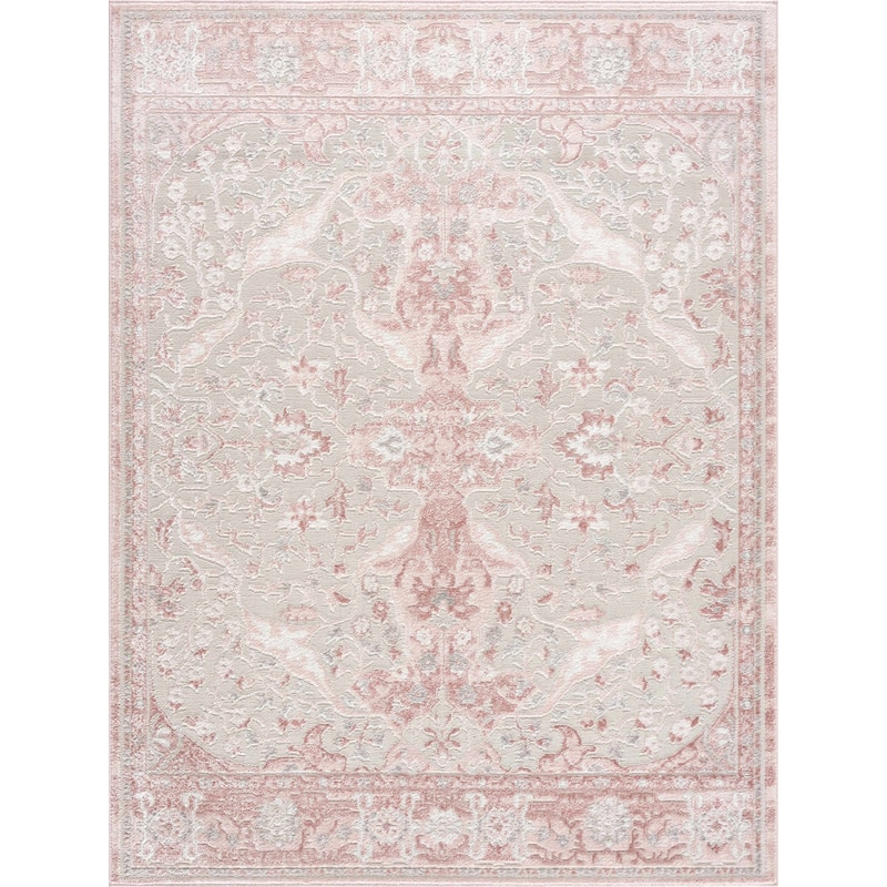 Hauteloom Calum Living Room, Bedroom Area Rug - Farmhouse - High Pile - Pink,Gray - 7'9" x 9'6"