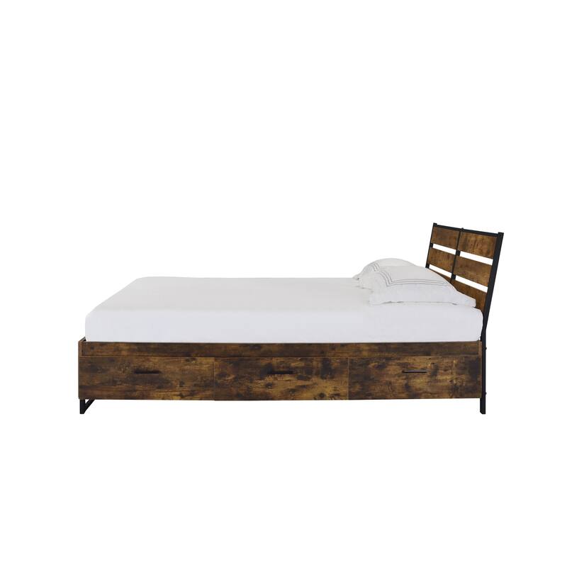 King Size Industrial Solid Wood Platform Bed with Wooden Side Rails and Slatted Headboard