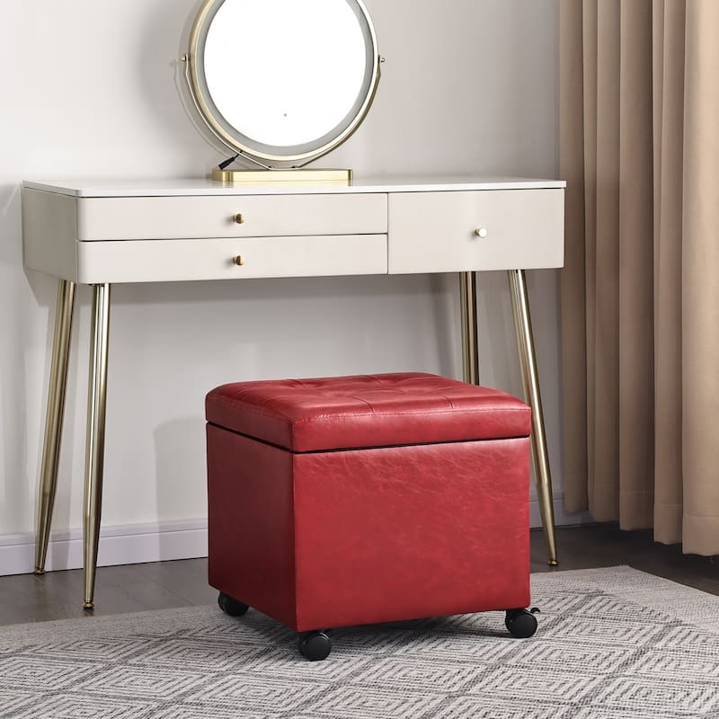 Adeco Bonded Leather Storage Ottoman Square Tufted Cube Footstool