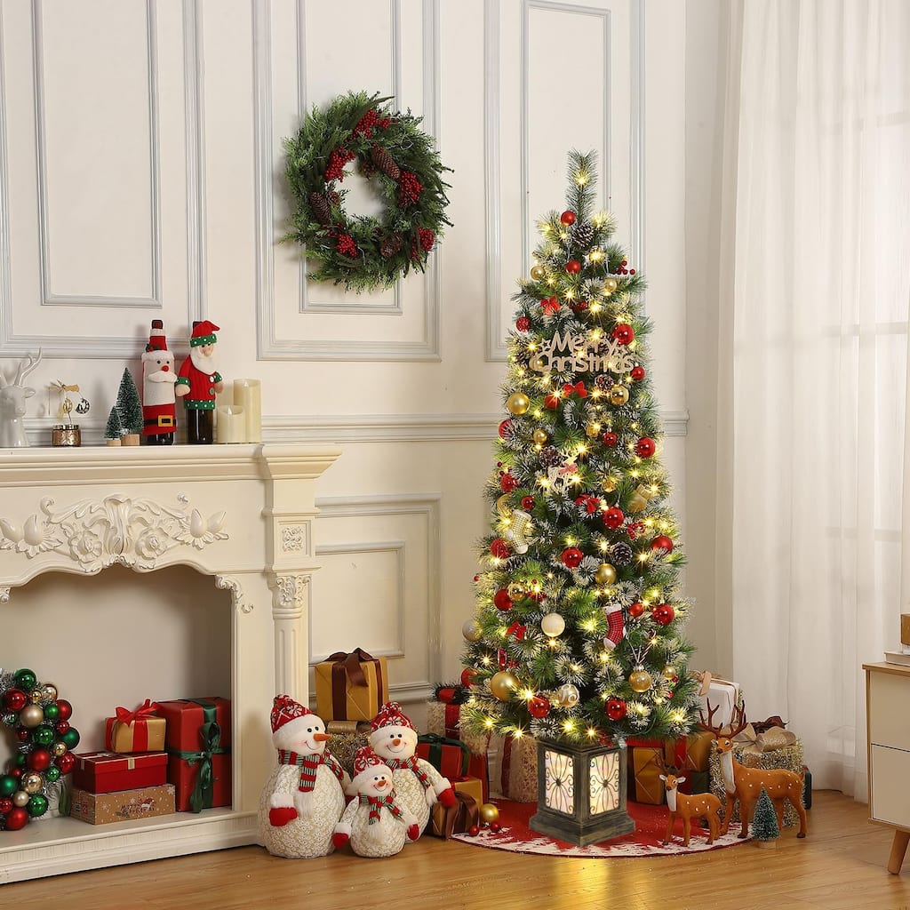 7FT Potted Christmas Tree with 140 Warm Led Lights, Artificial Christmas Tree Outdoor Decor