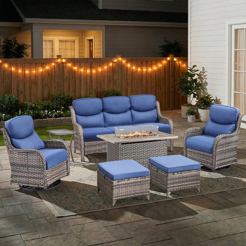 Pocassy Outdoor Fire Pit Sofa Swivel Chairs Conversation Set - Gray Wicker Blue Cushion - 7-Piece Sofa Swivel Chair Ottoman w/ Fie Table