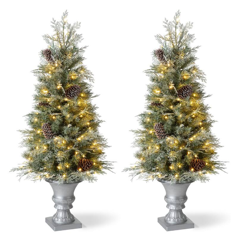 Glitzhome 4ft/5ft/6ft Flocked Pine Christmas Potted Porch Tree With Warm White Lights