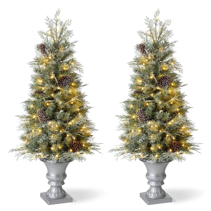 Glitzhome 4ft/5ft Pre-Lit Pine Artificial Christmas Porch Tree with Warm White Lights and Silver Pot