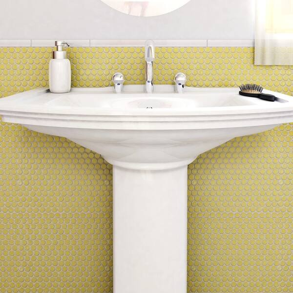 slide 1 of 10, SomerTile Hudson Penny Round Vintage Yellow 12" x 12.63" Porcelain Mosaic Tile