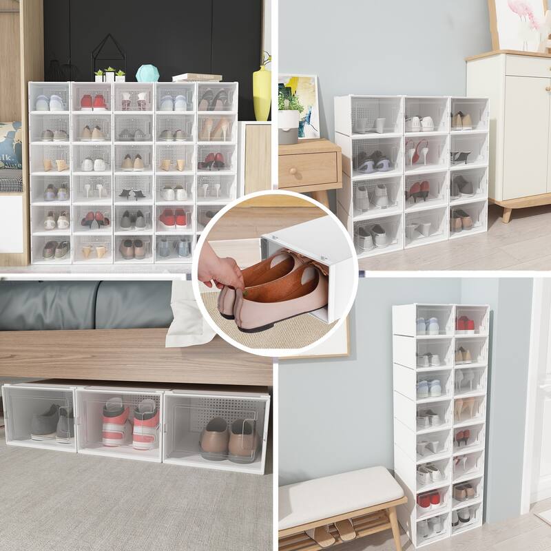 6/12/18 Pack Shoe Storage Box Plastic Stackable Shoe Organizer for Closet Foldable Sneaker Containers Bins Holders Racks