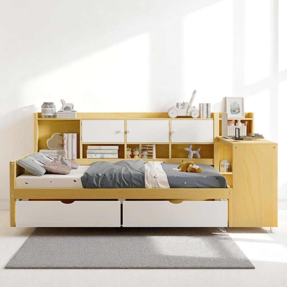 Space-Saving L-Shaped Daybed with Seven Storage Cabinets, Two Drawers, and Adjustable Study Desk
