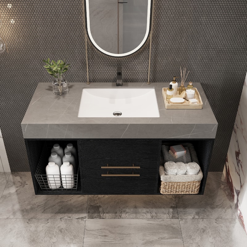 GDFStudio - Modern 39.4" Wall Mounted Floating Sintered Stone Bathroom Vanity with Seamless Ceramic Sink & Soft-Close Drawers