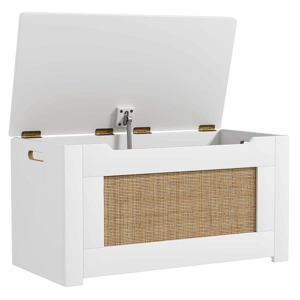 slide 2 of 6, 31.5" Rattan Toy Storage Box Toy Cabinet w/ Flip Top Lid &Safety Hinge White + Natural