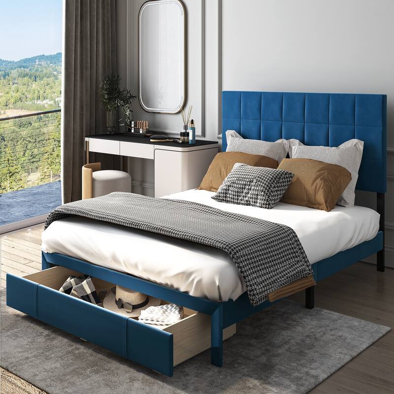 Velvet Upholstered Platform Bed Frame