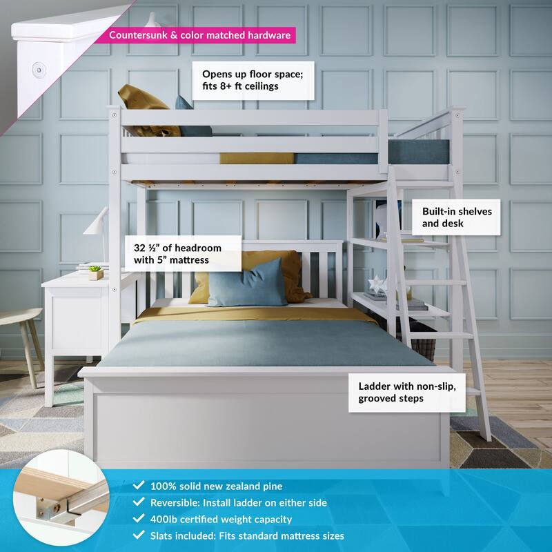 Max and Lily L Shaped Twin over Full Bunk Bed with Bookcase and Desk