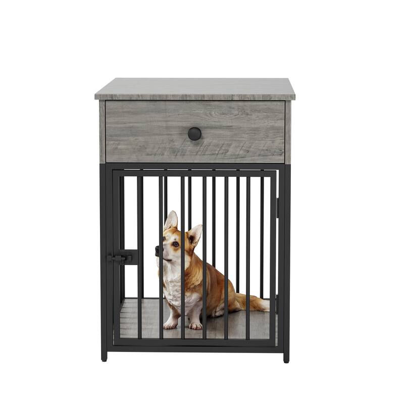 Dog Crate Furniture, Dog House, Decorative Dog Kennel with Drawer, Indoor Pet Crate End Table for Small Dog, Iron-Tube Dog Cage