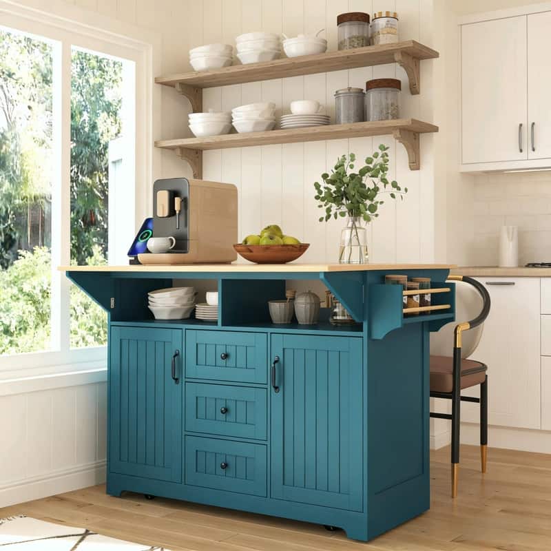 55.7" Rolling Kitchen Island with Double Drop Leaf, Power Outlet, 3 Drawers, Spice & Towel Rack, Folding Dining Table Cart - Green