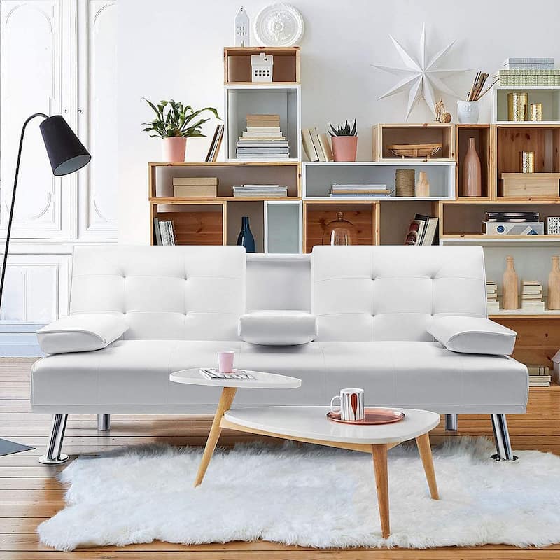 Furniwell Modern Faux Leather Futon with Cup Holders & Pillows, 65"