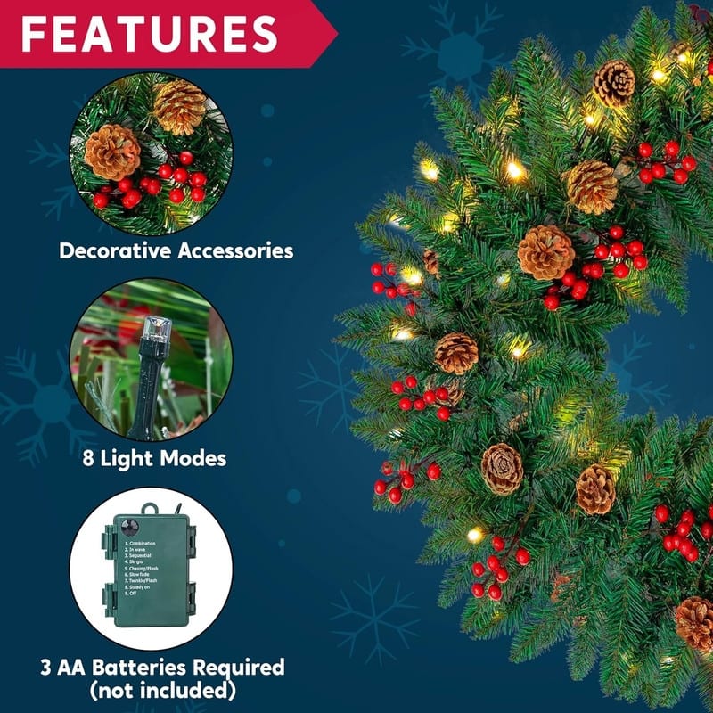 9 ft. Tall Green Plastic Prelit Artificial Christmas Garland with 100 LED Lights, Pine Cones and Red Berries