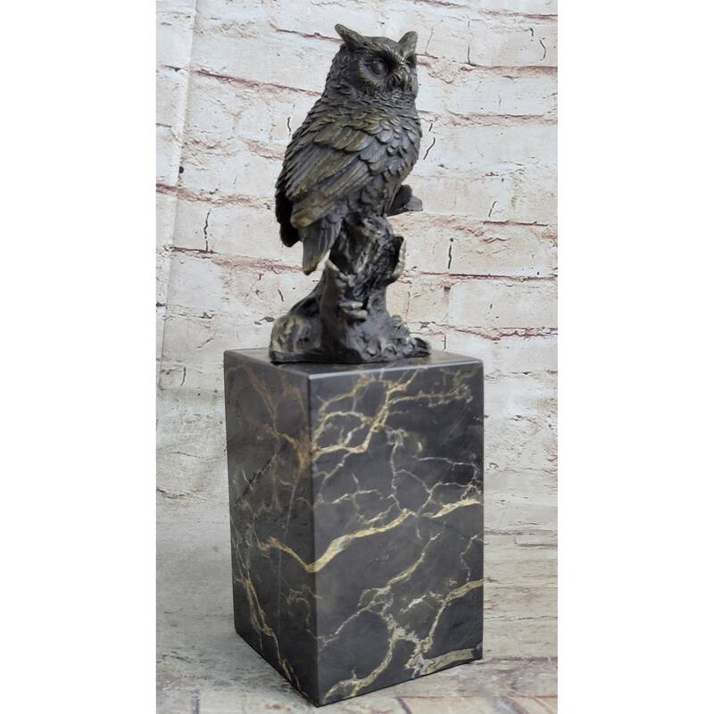 Hot Cast Bronze Metal Owl Bird On Perch Sculpture Statue Figure Marble Base Original