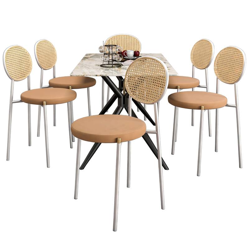 7-Piece Dining Set with 55-Inch Sintered Stone Dining Table and 6 Velvet Side Chairs - Brown