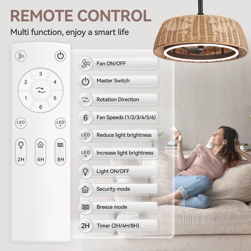 20" Rattan Caged Ceiling Fan with Dimmable LED Light and Remote(3-Blade)