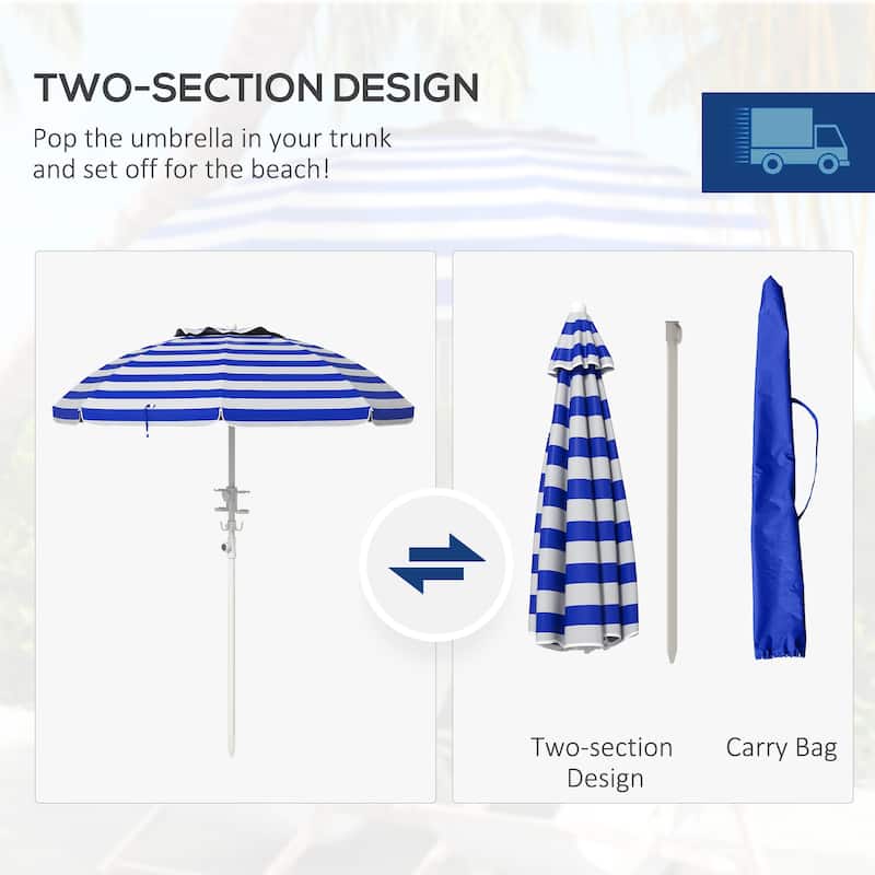 5.7' Portable Beach Umbrella with Tilt, Adjustable Height, UV 40+ Protection, Vented Canopy & Cup Holders - Blue White Stripe