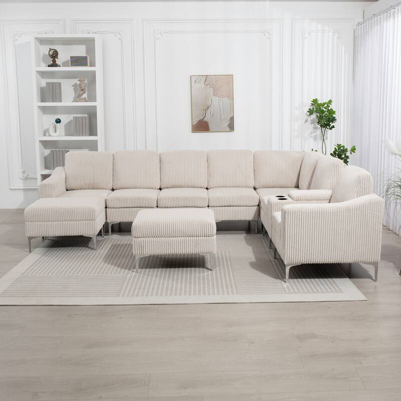 Modular Corduroy Sectional Sofa Convertible 6-Seat Couch with USB Ports, Storage Ottomans and Cup Holder for Living Room