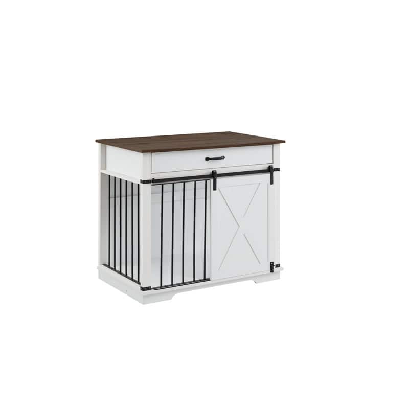 Wood Dog Crate Furniture With Barn Door And 1 Drawer