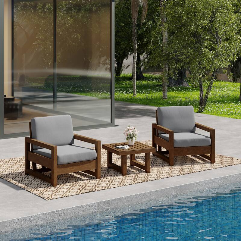 3-Piece Teak Wood Chair Outdoor Patio Conversation Set with Table