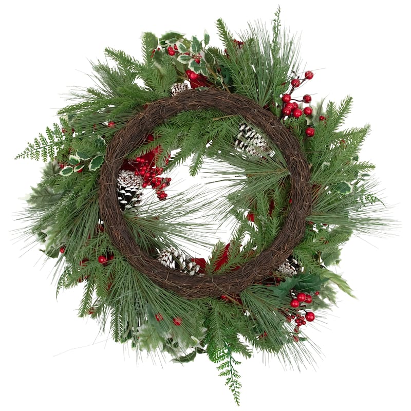 Poinsettia and Pinecone Mixed Pine Artificial Christmas Wreath - 30" - Unlit