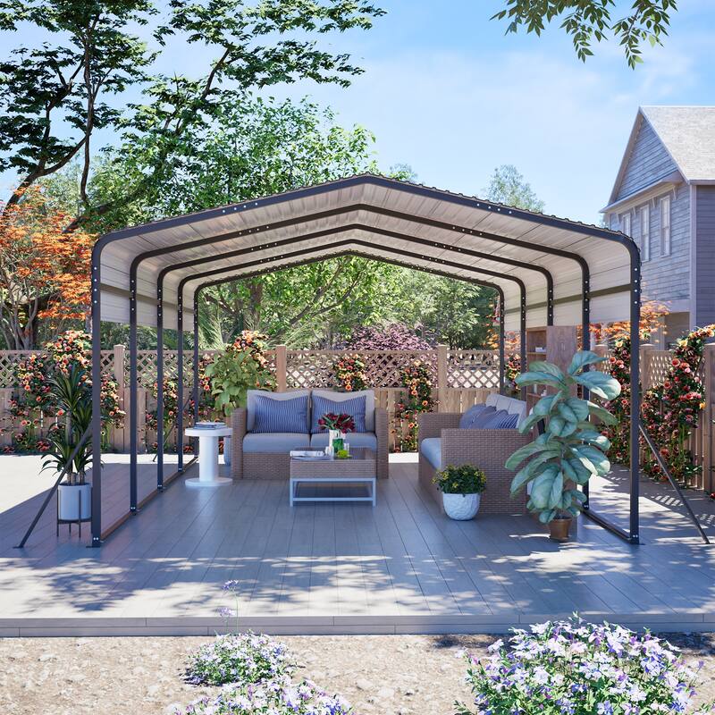 GDFStudio - Penman Heavy-duty Galvanized Steel Hardtop Carport with Upgraded Triangle Reinforced Frame for Outdoor Storage