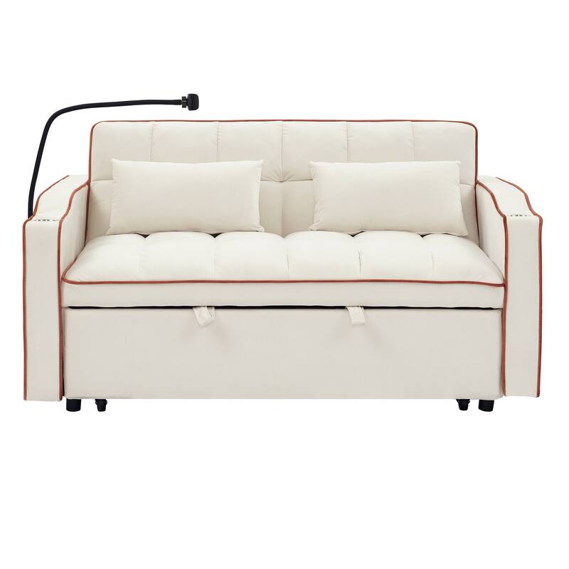 Modern Sofa Velvet Pull-out Bed, Adjustable Back and with USB Port
