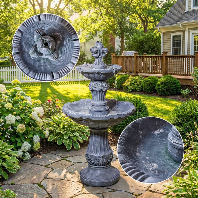 Vbal 2 Tier European Style Carved Outdoor Water Fountain with ETL Certified Auto Shutoff