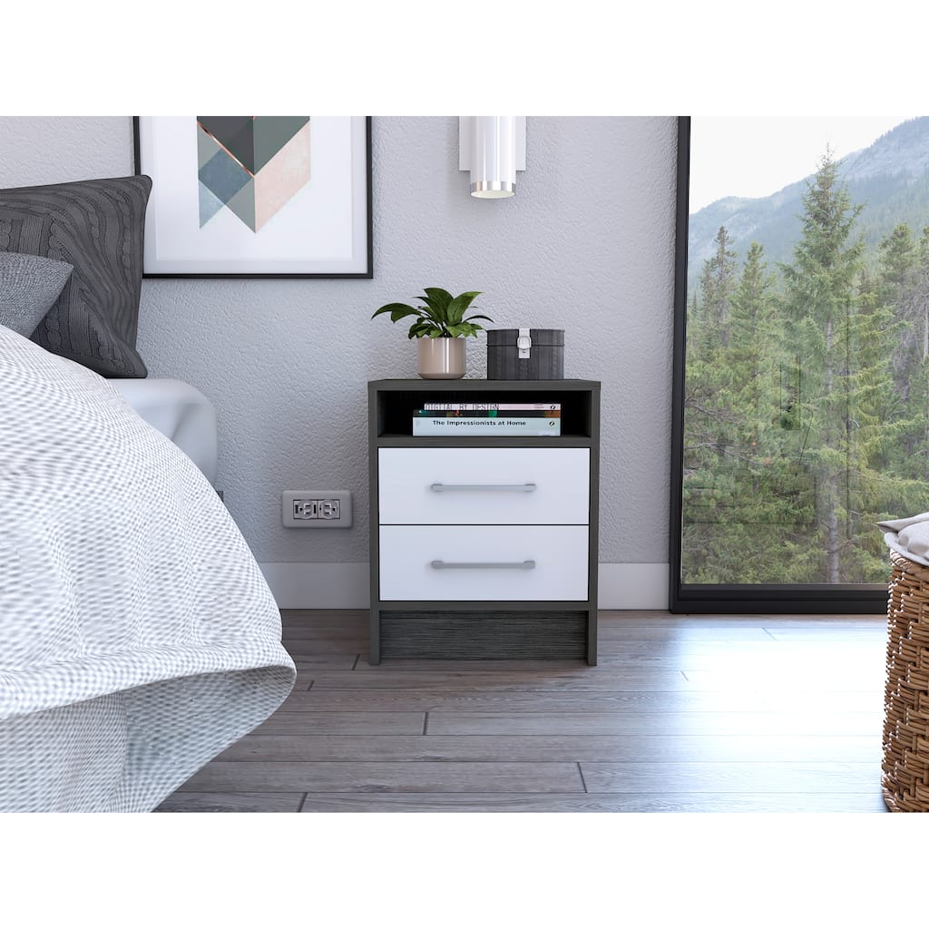 Smokey Oak and White Rectangle Nightstand with Two Drawers and Shelf