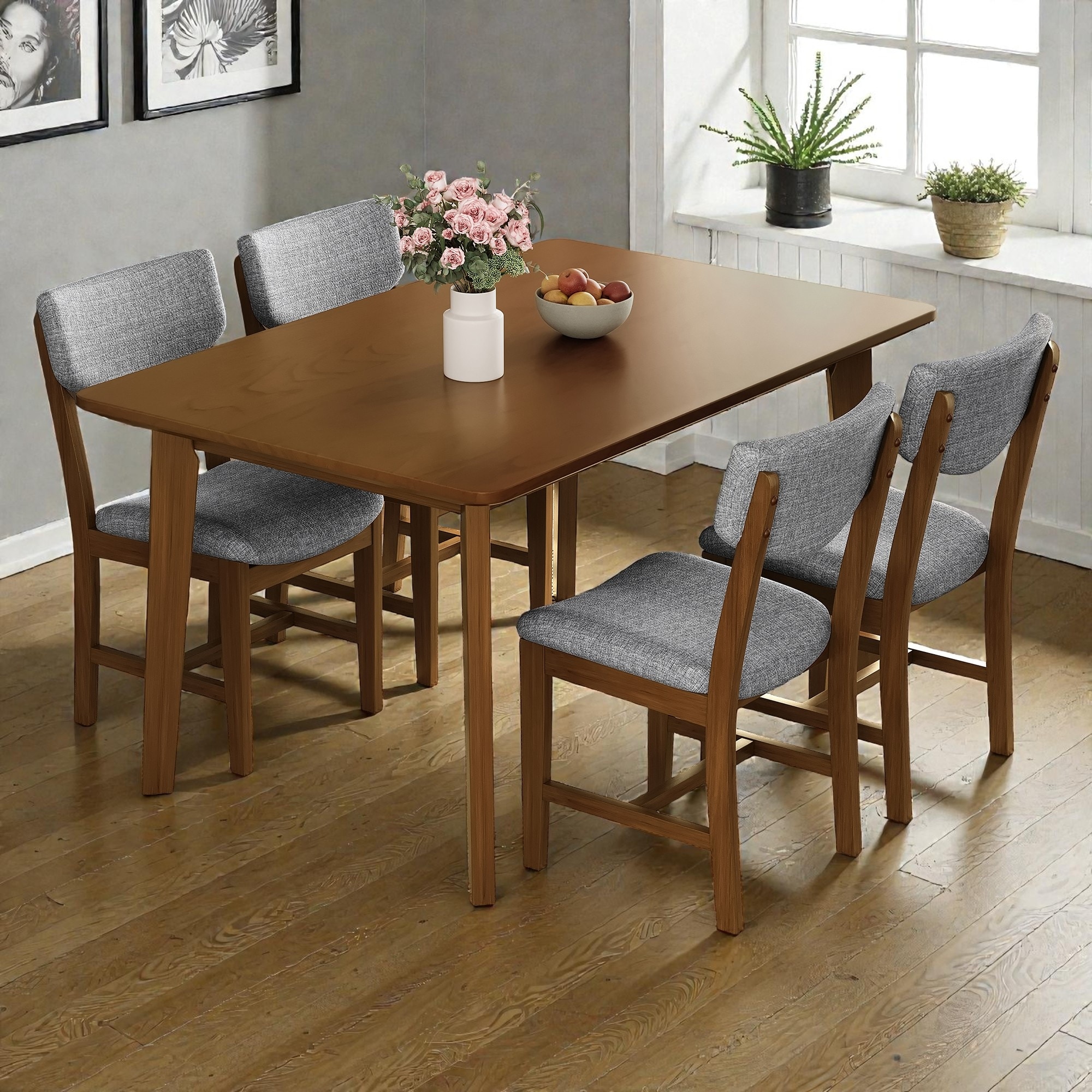 5-Piece Dining Table Set for 4, Rectangular Solid Wood Dining Table with 4 Upholstered Chairs for Kitchen, Kitchen Table