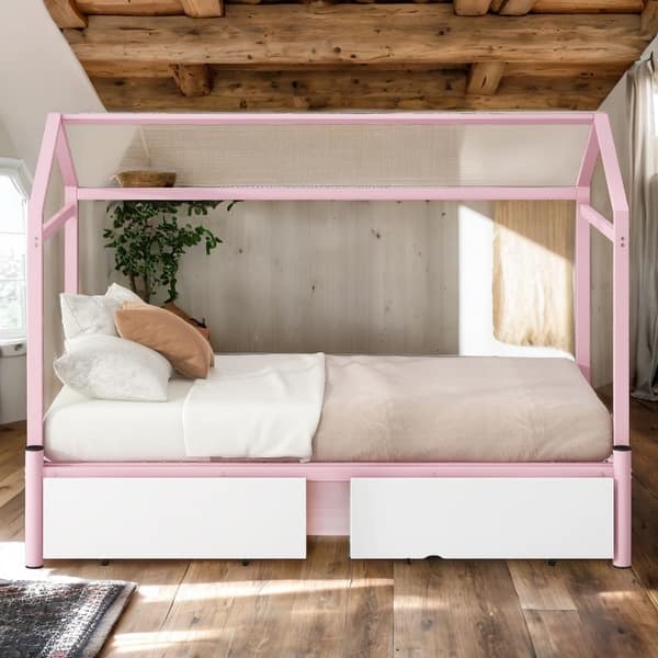 slide 2 of 31, Convertible Twin XL to King Metal Twin Size House Platform Bed Pink