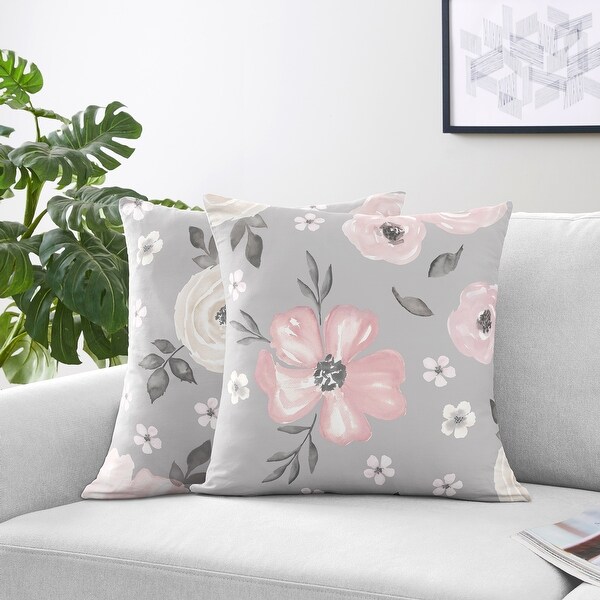 Grey Watercolor Floral 18in Decorative Accent Throw Pillows Set