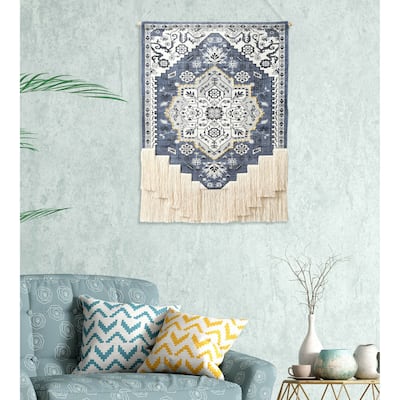 Sevita Blue and White Floral Woven Wall Hanging with Macrame Fringe - 25.5" x 49"
