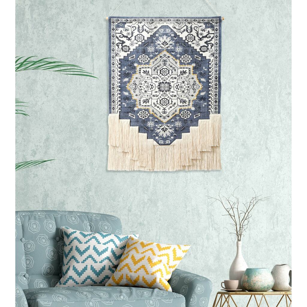 Sevita Blue and White Floral Woven Wall Hanging with Macrame Fringe - 25.5" x 49"