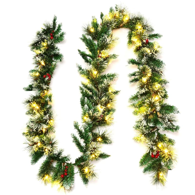 9 Feet Pre-lit Snow Flocked Tips Christmas Garland with Red Berries - Green - Green