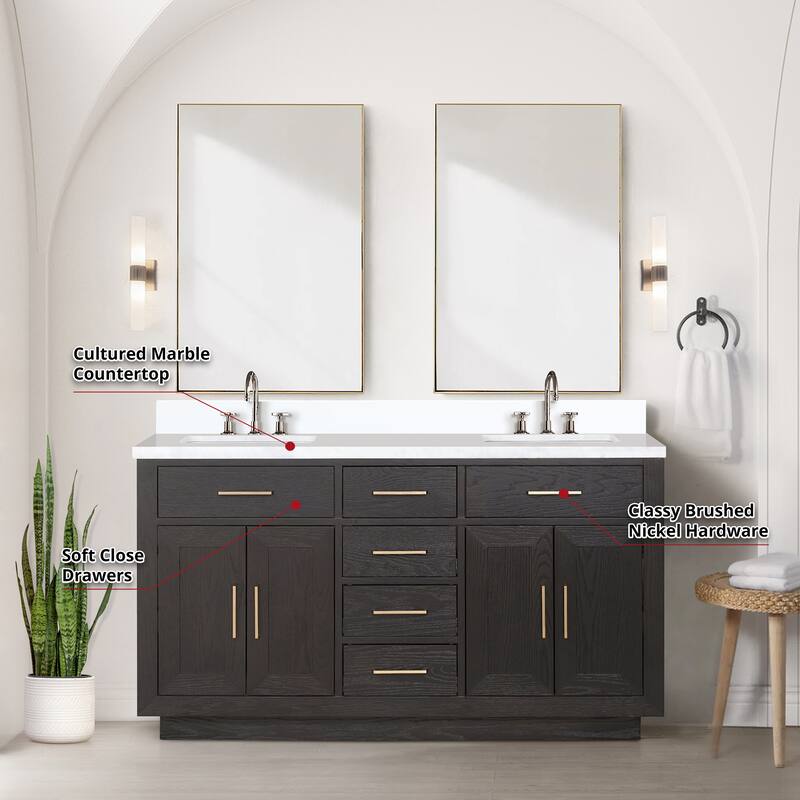 Abbey 60 in W x 22 in D Black Oak Double Bath Vanity, Cultured Marble Top, and 28 in Mirrors