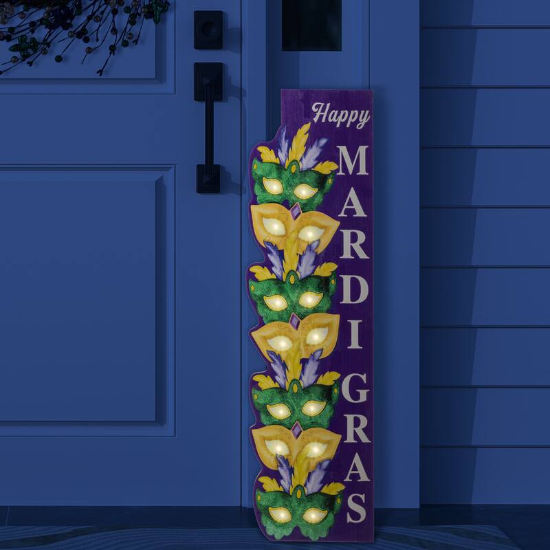 Glitzhome 41.75"H Mardi Gras Lighted Wooden Stacked Masks Porch Decor w/Timer