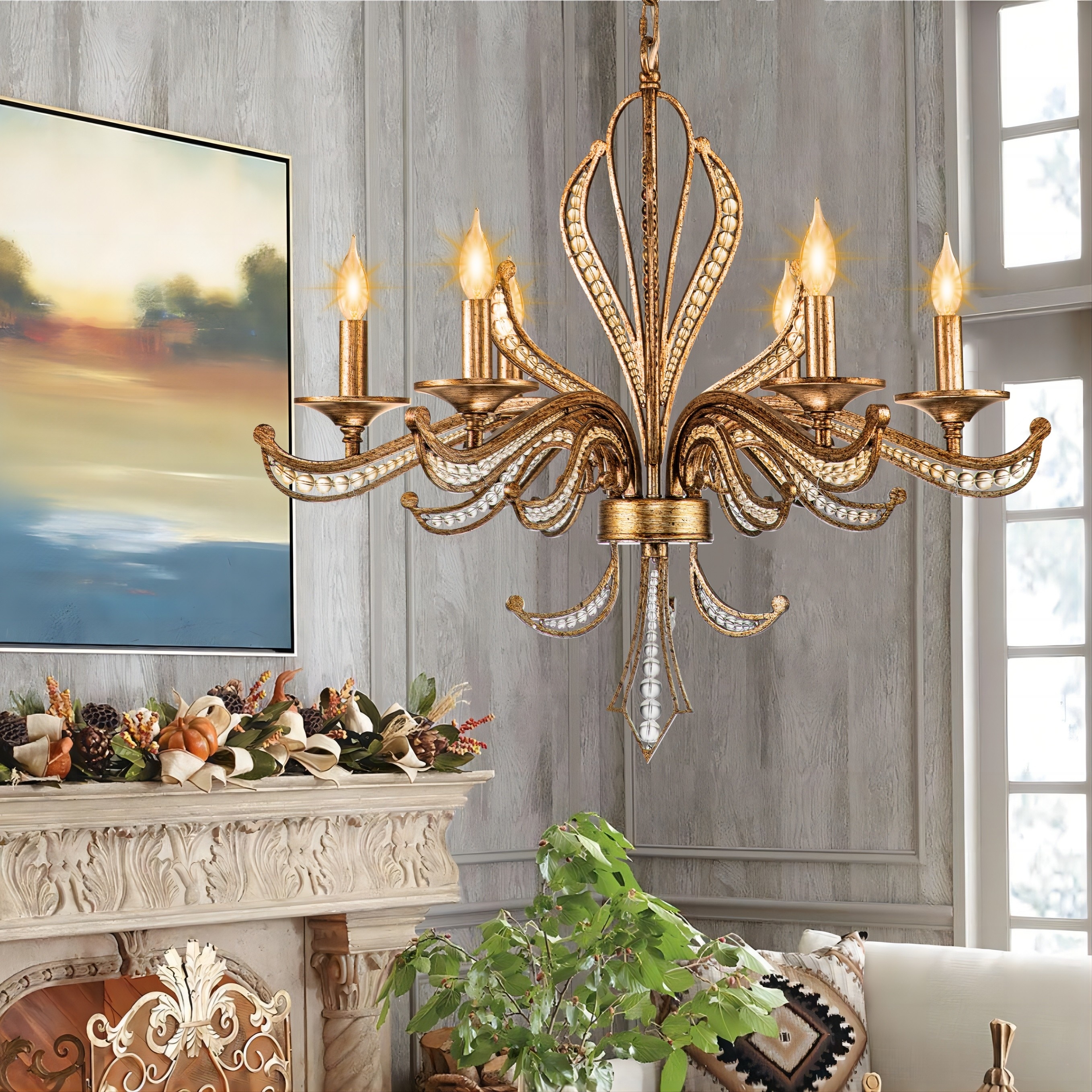 6 Light Mid Century Modern Transitional Antique Silver Round Hand Beaded Crystal Candle Large Chandelier