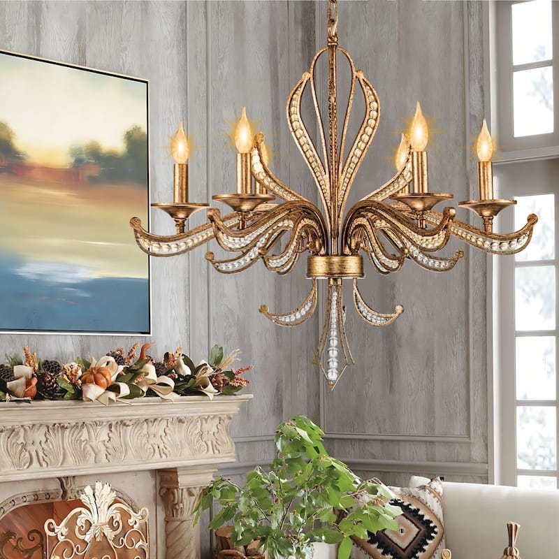 6-Light Mid-Century Modern Transitional Antique Silver Round Hand-Beaded Crystal Candle Large Chandelier - Antique Silver