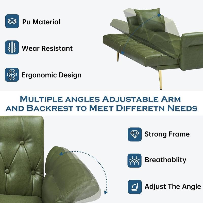 Futon Sofa Bed, Faux leather Foldable Couch Convertible Loveseat Sleeper Daybed with Adjustable Armrests for Small Space