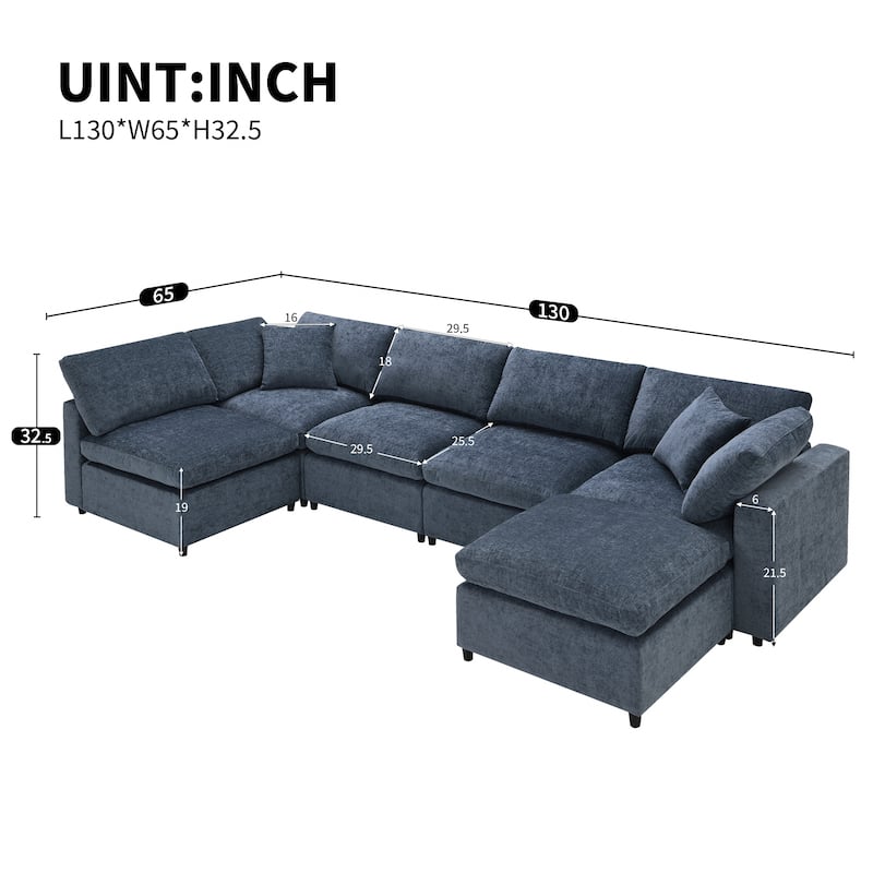 6 Seat Modern Modular Cloud Sofa Bed Chenille Sectional Couch Set with Ottoman