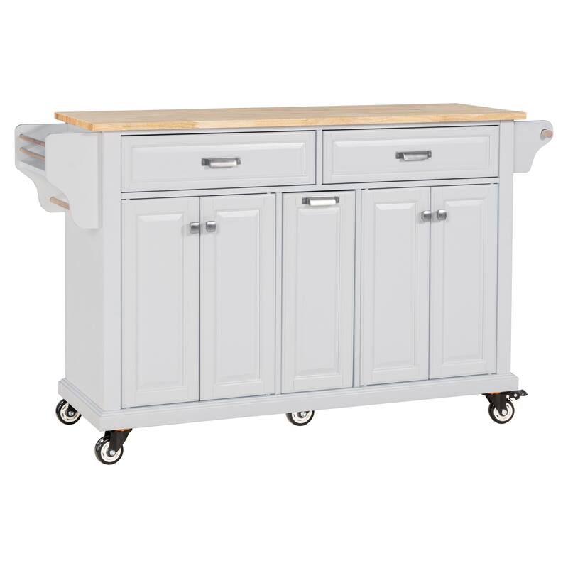 Kitchen Island with Rubber Wood Top, Portable Island Cart on Wheels, Rolling Cart with 2 Drawers & Adjustable Shelves