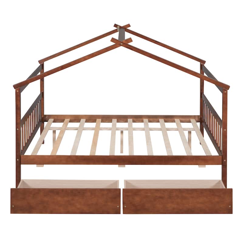 Full Size Wooden House Bed with Storage Drawers - Imaginative Kids Bed Frame