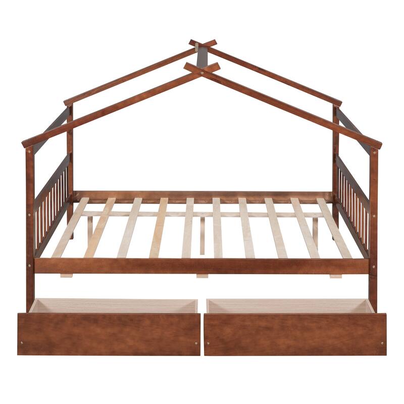 Creativity House Bed Full Size Frame with 2 Wood Drawers for Boys Girls, Wood Platform Bed with Roof No Box Spring Needed