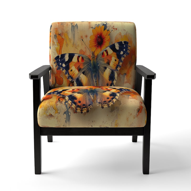 Designart "Orange Buttlerfly In Watercolor" Upholstered Floral Accent Chair - Traditional Arm Chair For Living Room