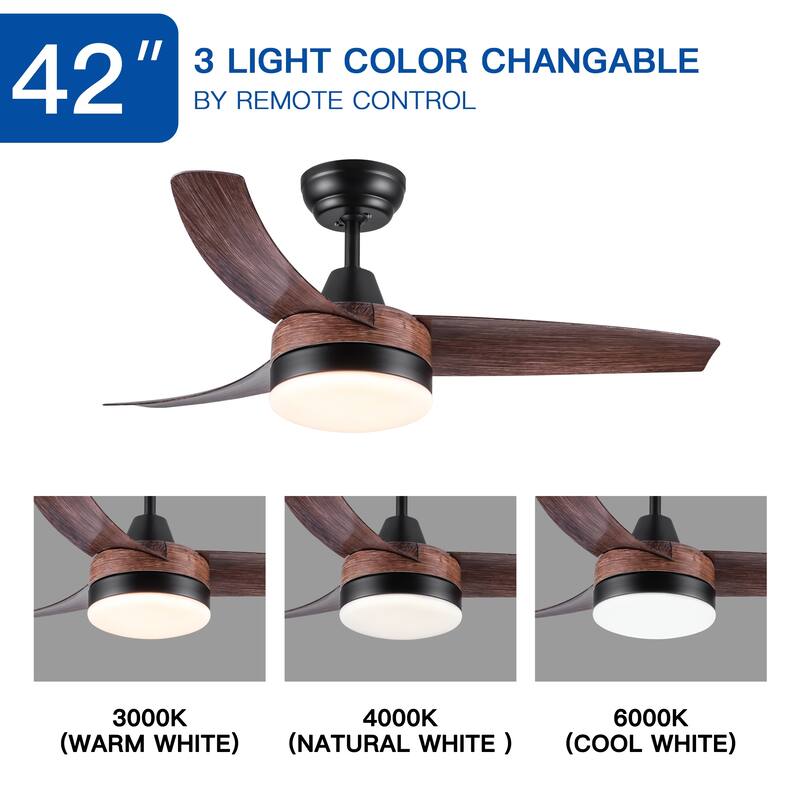 42 in. Black modern Ceiling Fan with Light and Remote Control, Reversible DC Motor - 42 Inches