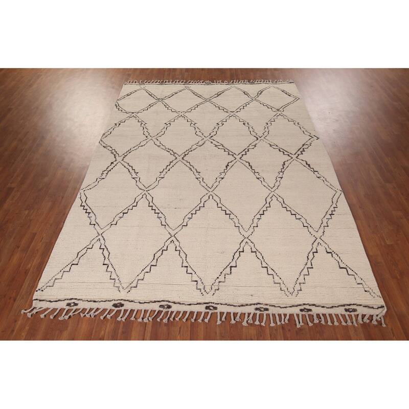 All-Over Trellis Ivory Moroccan Area Rug Handmade Wool Carpet - 7'11"x 11'0"