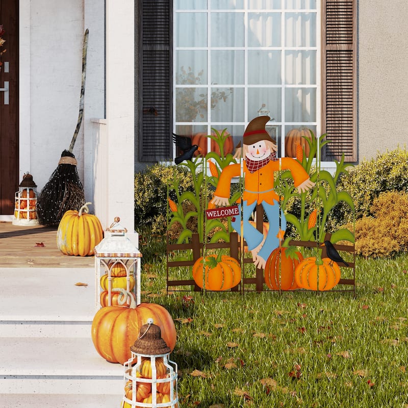 Glitzhome Welcome Fall Metal Scarecrow Corns Pumpkin Fence Yard Stake Halloween Thanksgiving Decor
